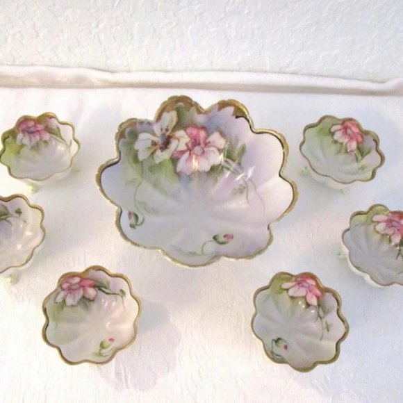 Antique Nippon Porcelain Floral Footed Salt Cellars W/Master Bowl, 7 Pcs - Picture 2 of 5